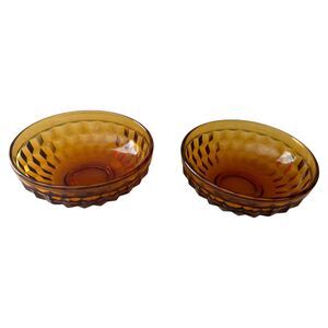 Set of 2 Vintage Amber Glass Dessert Bowls – Honeycomb Faceted Pattern 1970s